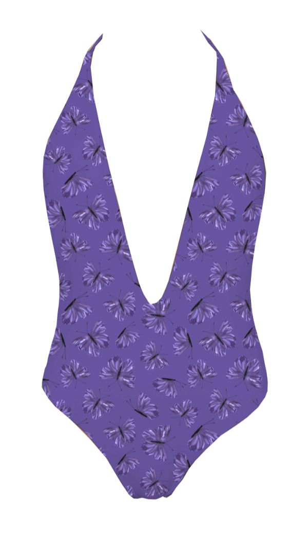 Purple swimsuit with butterflies on a white background